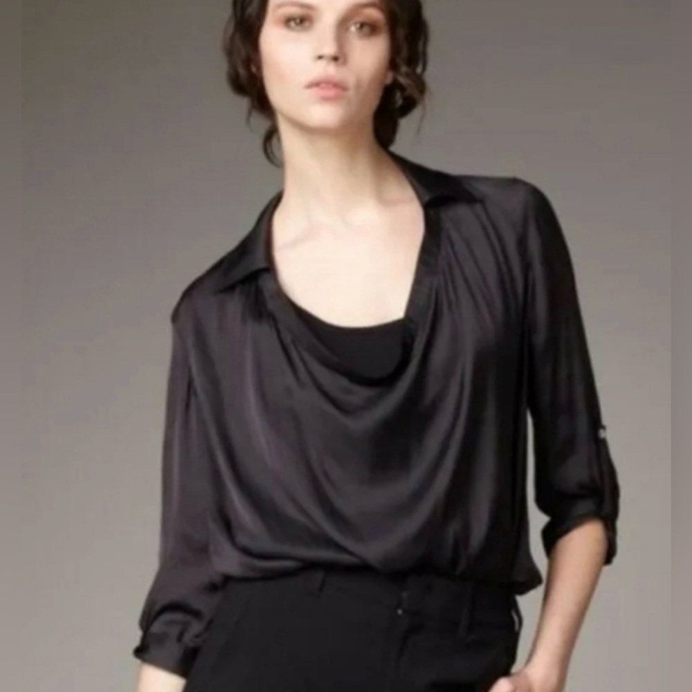 VINCE Satin Cowl Neck 3/4 Roll Tab Sleeves Collared Women's Blouse